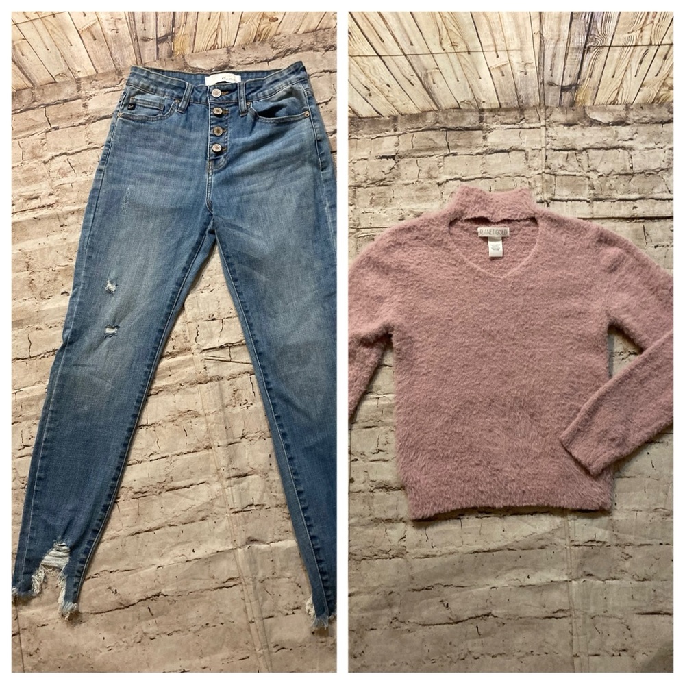 🔥 Bundle: KANCAN distressed skinny denim size 27 & Planet gold sweater, Size L